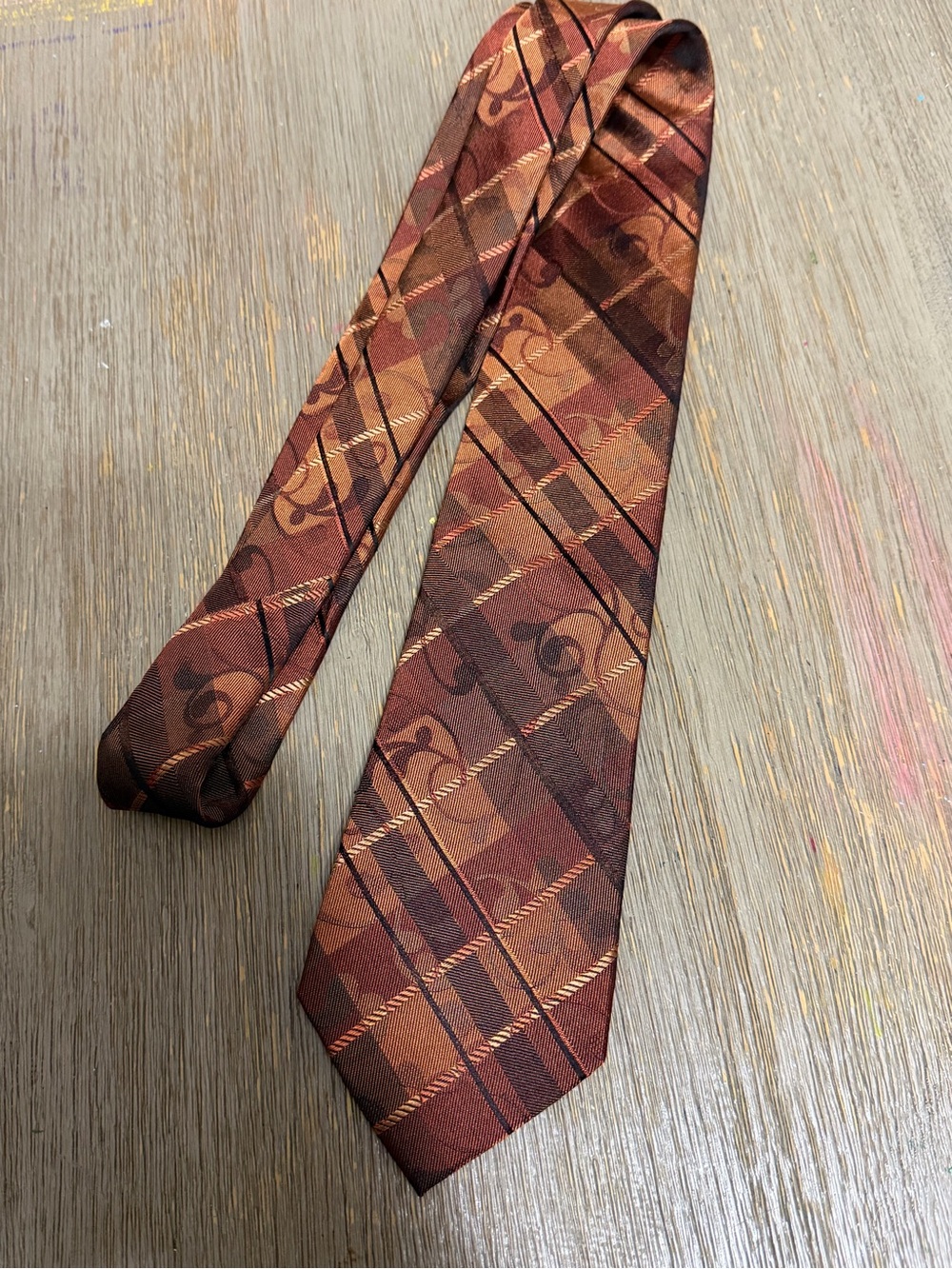 Vintage Alfani 100% Silk Brown Copper Plaid Paisley Men’s Necktie